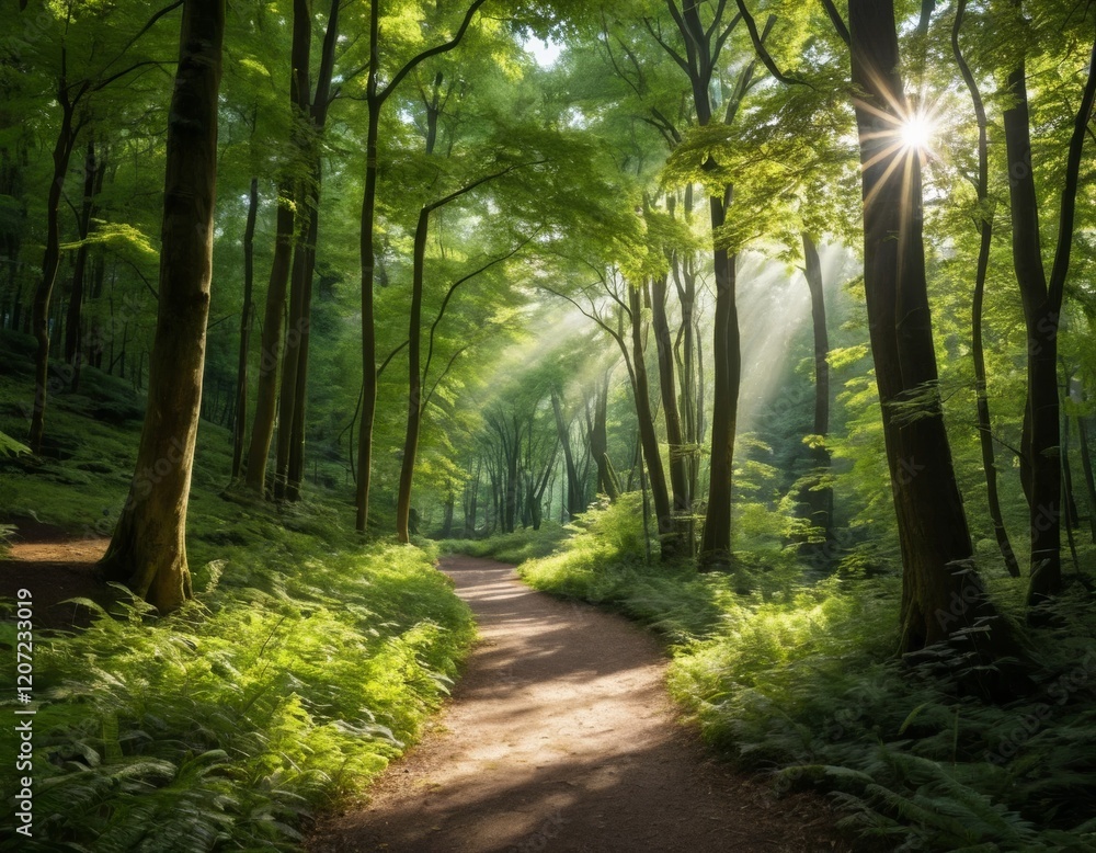 Sunbeams Illuminate Serene Forest Path with Lush Green Ferns and Trees Sunbeams Illuminate Serene Forest Path with Lush Green Ferns and Trees