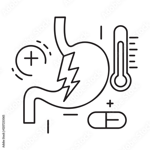 Stomach ache and pain related editable outline icons.