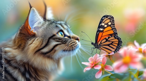 Cat, butterfly, flowers, garden, observing, nature, peaceful moment photo