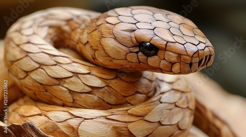 Close up view of a striking one of a kind wooden sculpture of a snake created by intertwining pieces of carved wood to form the reptile s sinuous body and scales  This elegant photo