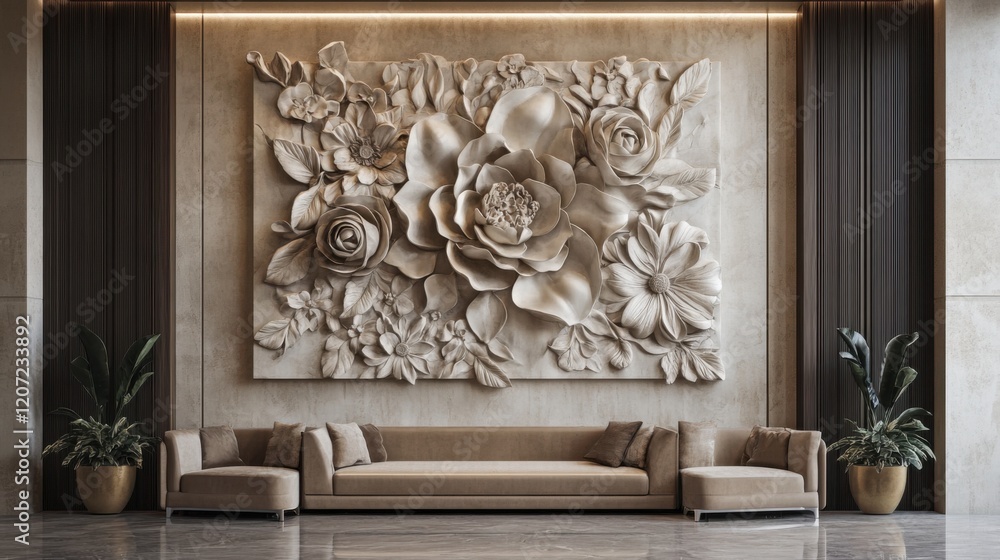 A large 3D wall art installation with layered floral elements, creating depth and elegance in a luxurious interior space A large 3D wall art installation with layered floral elements, creating depth and elegance in a luxurious interior space