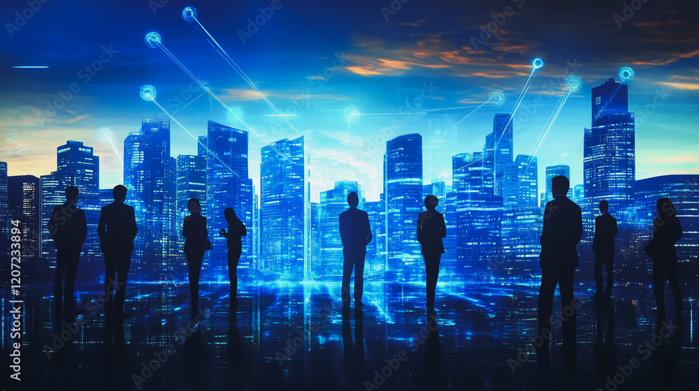 abstract professional business team people connection of line from nail node to node on Smart digital cityscap and skyline background , Innovation networking concept abstract professional business team people connection of line from nail node to node on Smart digital cityscap and skyline background , Innovation networking concept