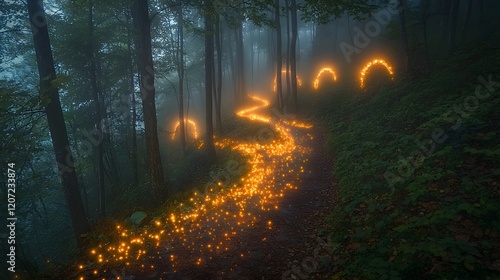 Mysterious and eerie forest scene with glowing ghostly branches creating ethereal arched formations over a fog shrouded trail evoking a sense of wonder adventure and apprehension photo