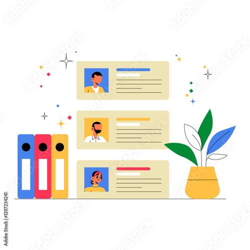 Employee Profiles Displayed With Office Supplies In Flat Vector Illustration Symbolizing Recruitment, Job Analysis, And Talent Search, Isolated On White Background