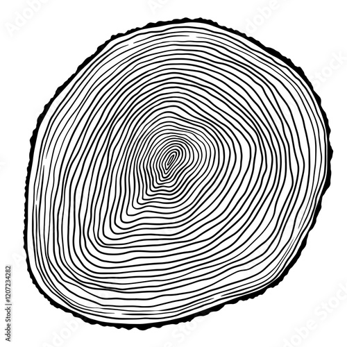 Cross section tree trunk. Linear tree rings texture. Tree stump print isolated on white background. Black and white wooden texture with concentric rings. Wood grain
