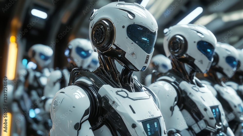 A Line of Futuristic Robots in a Dark Corridor A Line of Futuristic Robots in a Dark Corridor