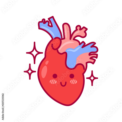 Heart. Cute character in kawaii style. Healthy organ, cardiovascular system. Vector illustration, flat style. Health problems. For sticker, books, design element. Medical brochure template.