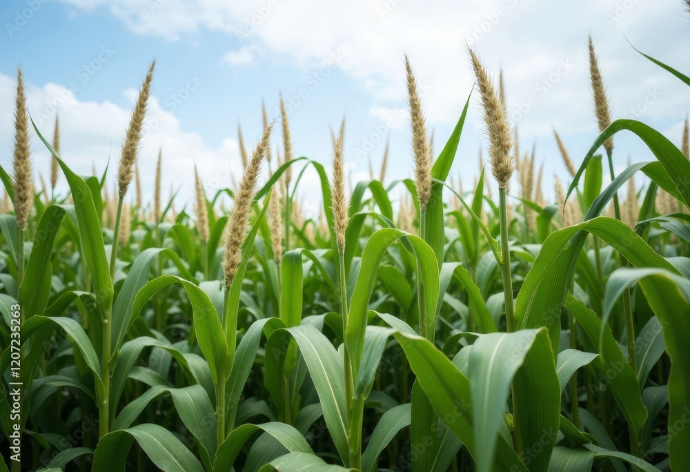 Obraz premium Corn field with blue sky and white clouds.