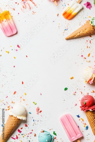 Colorful ice cream cones and popsicles arranged on a white background for a vibrant summer display inviting creativity and fun