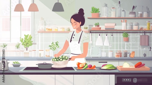 Woman Cooking Healthy Meals in a Bright Modern Kitchen. Illustration of a woman preparing fresh vegetables in a cozy, well-lit kitchen, representing home life and healthy living.