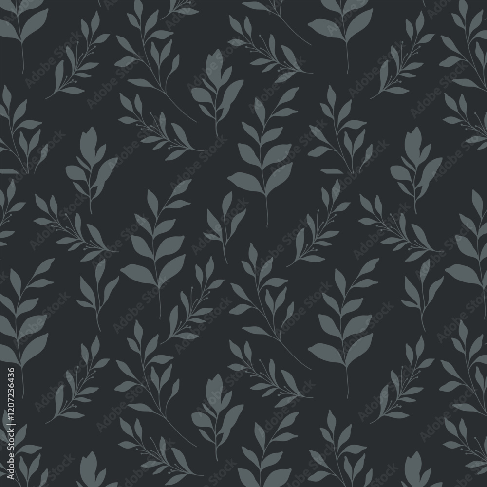 Floral seamless pattern. Greenery background. Eco friendly background. Foliage, branches, leaves, plants hand drawn silhouette design. Elegant seamless background endless pattern minimalist style Floral seamless pattern. Greenery background. Eco friendly background. Foliage, branches, leaves, plants hand drawn silhouette design. Elegant seamless background endless pattern minimalist style