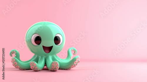 Playful cartoon octopus pink background digital art whimsical close-up fun character design