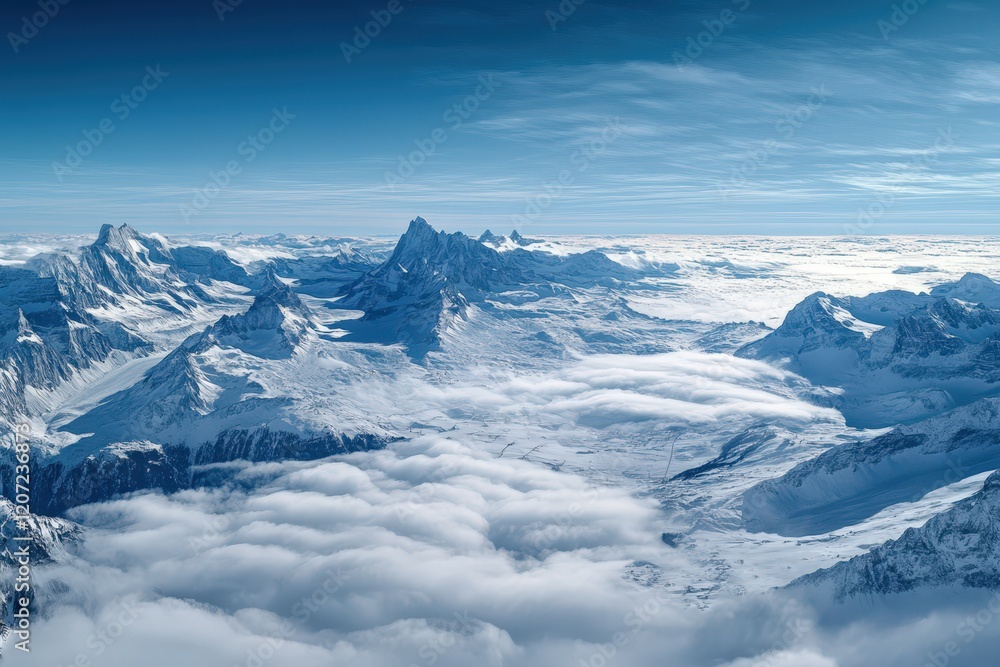 Naklejka premium The amazing glaciers in the Swiss Alps - aerial view by drone. Beautiful simple AI generated image