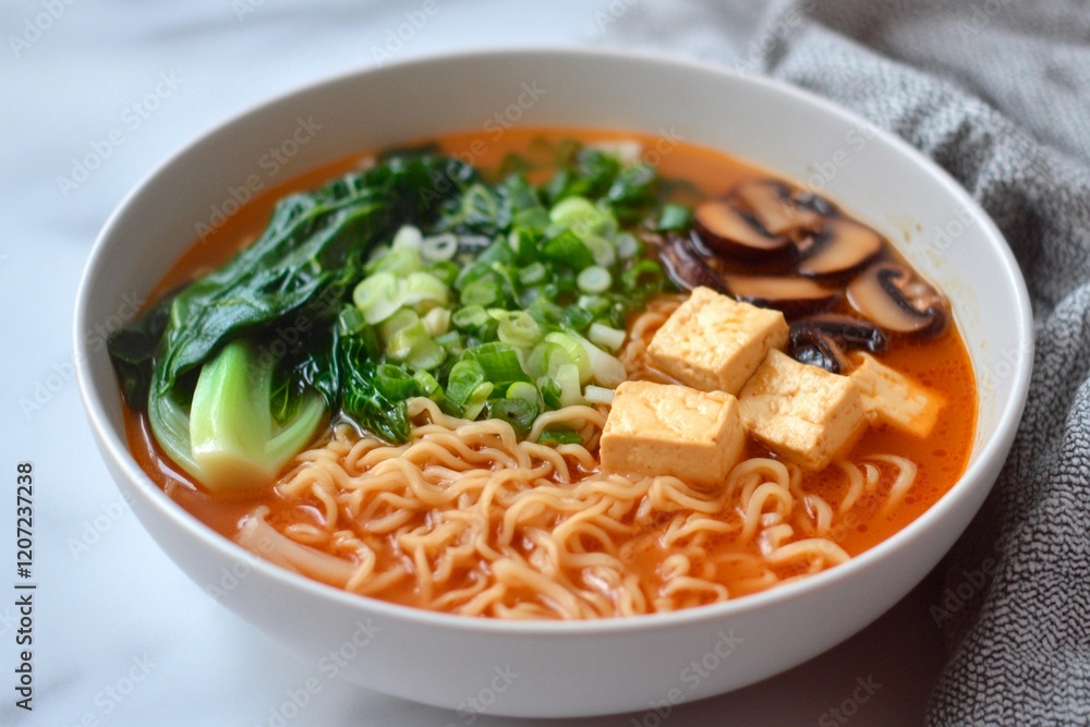 Colorful bowl of ramen with tofu and fresh vegetables on a marble countertop Colorful bowl of ramen with tofu and fresh vegetables on a marble countertop