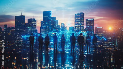 abstract professional business team people connection of line from nail node to node on Smart digital cityscap and skyline background , Innovation networking concept