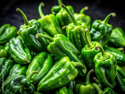 Vibrant Green Padron Peppers Macro Photography - Close Up Shot on Black Background photo