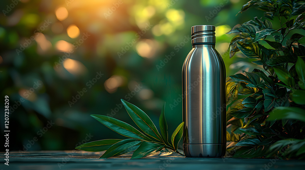 Close-Up of a Reusable Stainless Steel Water Bottle with a Sleek Metallic Finish and Eco-Friendly Design Close-Up of a Reusable Stainless Steel Water Bottle with a Sleek Metallic Finish and Eco-Friendly Design