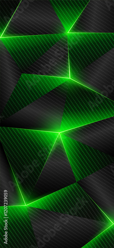 Carbon fiber low poly smartphone wallpaper. Abstract geometric background. Shining lines, triangle. Green energy. Gray green low poly triangles background. Polygonal futuristic style. Vector