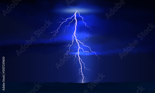 Thunder lightning. Dramatic thunderstorm with bright lightning against dark cloudy ominous sky. Dark blue nature thunderstorm background, night landscape. Realistic vector illustration
