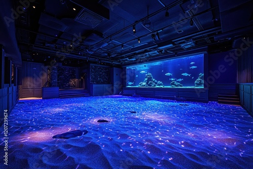 Enchanting Underwater Ambiance of a Modern Event Space Featuring a Vibrant Aquarium and Soft Lighting for Unique Experiences and Gatherings