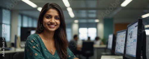 A cheerful young Indian woman in a modern office environment, smiling at the camera while working on her computer