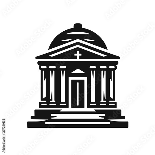 Stylized black-and-white illustration of a classical building with columns and a dome