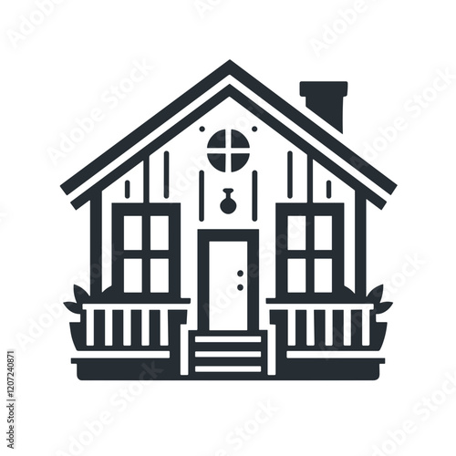 Stylized black-and-white illustration of a cozy house with a welcoming porch and windows
