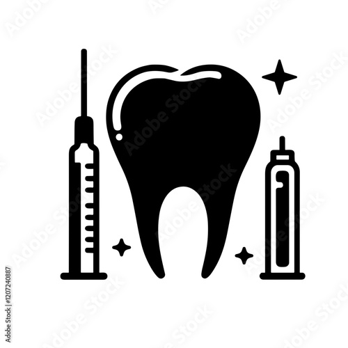 Stylized black-and-white illustration of a tooth flanked by dental syringes, symbolizing dental care and treatment