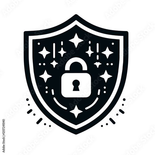 Stylized black-and-white illustration of a shield featuring a padlock, symbolizing security and protection