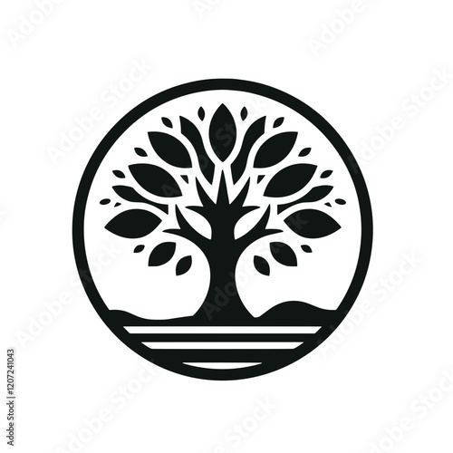 Stylized black-and-white illustration of a tree with intricate branches and leaves, representing nature and growth