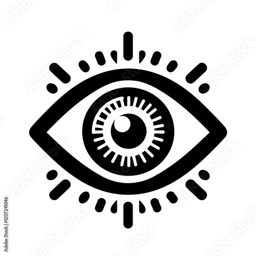 Stylized black-and-white illustration of an eye with rays, symbolizing perception and awareness
