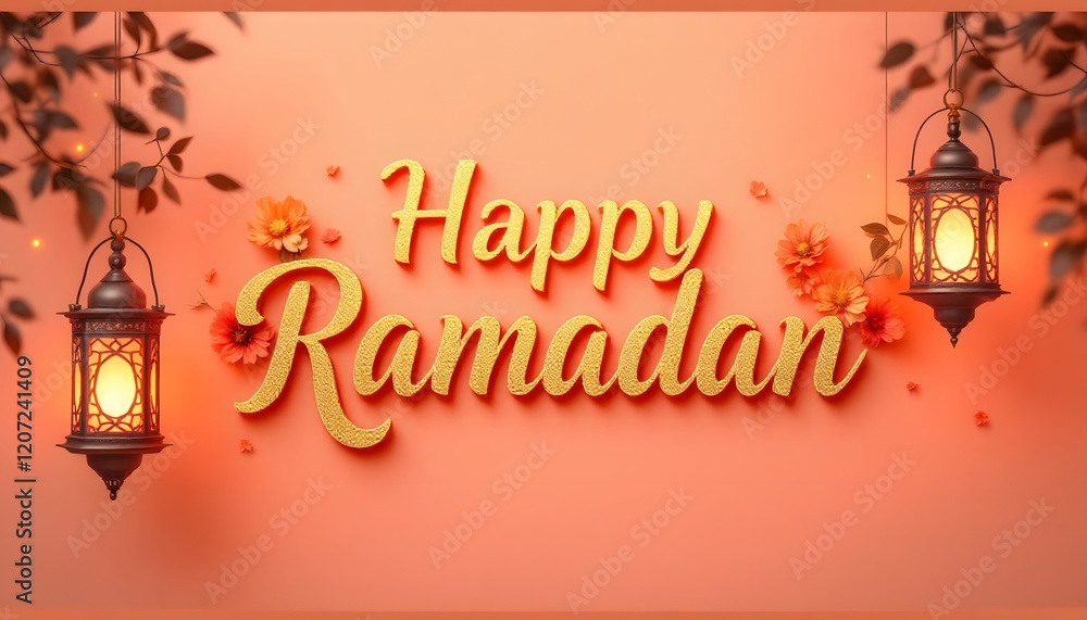 Naklejka premium Happy Ramadan Greeting Card with Lanterns and Flowers