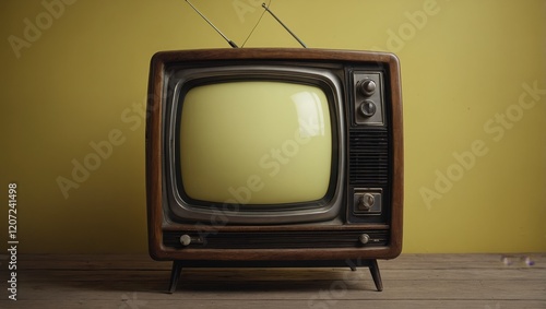 A close-up shot of an old-fashioned TV set with a light yellow screen, perfect for displaying a chroma key template or mock-up