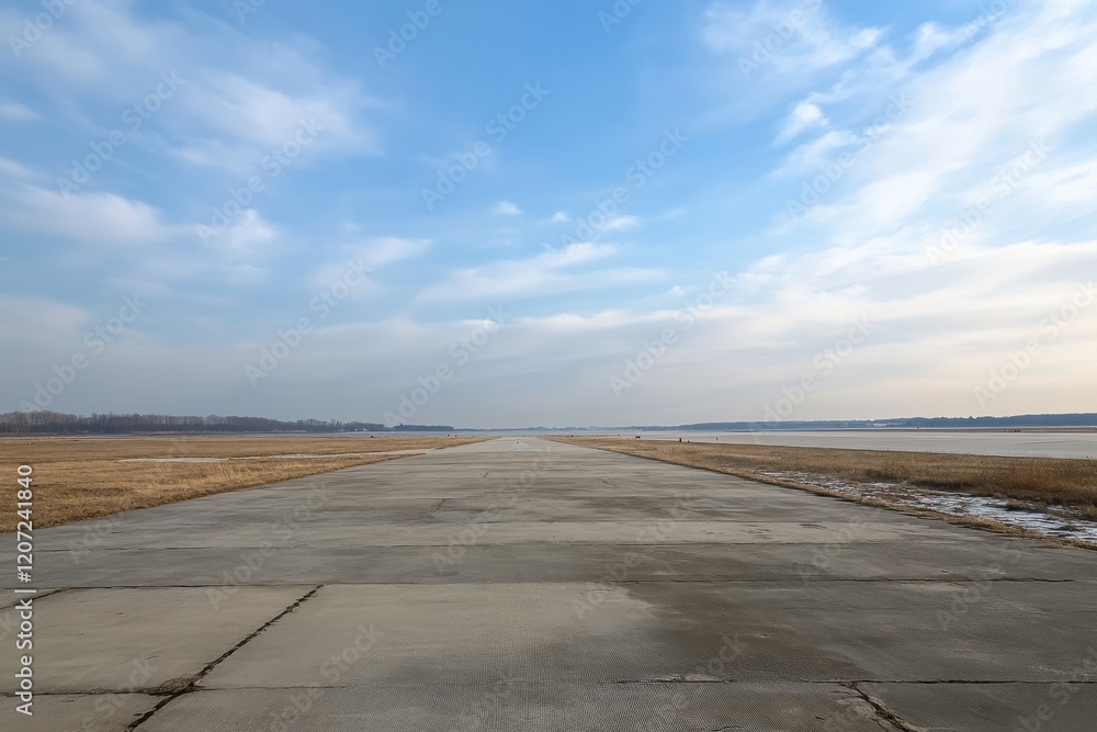 Expansive Concrete Runway Surrounded by Grassy Landscape Under a Cloudy Sky, Perfect for Concepts of Journey, Exploration, and Nature's Beauty Expansive Concrete Runway Surrounded by Grassy Landscape Under a Cloudy Sky, Perfect for Concepts of Journey, Exploration, and Nature's Beauty