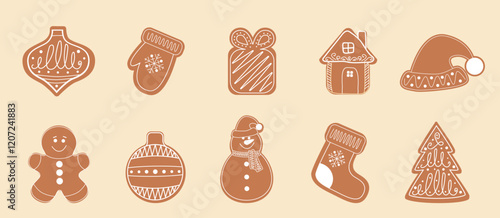 gingerbread cookie designs, including ornaments, a mitten, gift box, house, Santa hat, gingerbread man, snowman, stocking, and tree for poster, menu, resipe designs