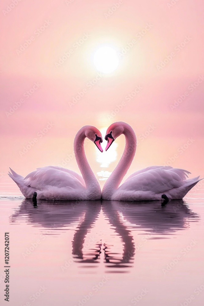 Fototapeta premium Swan Lake Romance: Two pink swans gently gliding across a serene lake, their necks forming a perfect heart shape as the sun sets in the background.