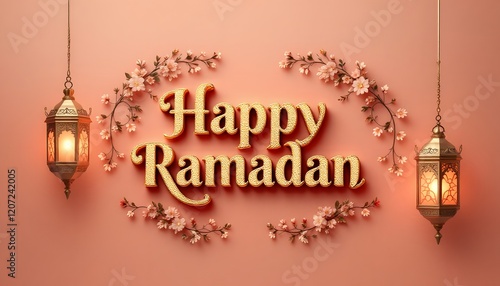 Happy Ramadan Wishes Gold Lanterns Floral Design photo