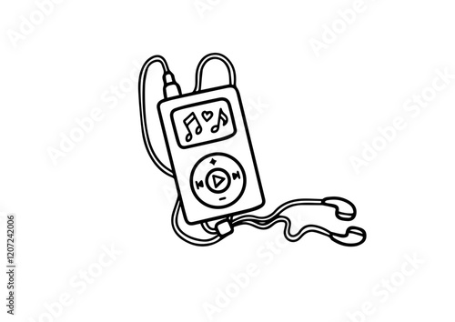 Retro MP3 Player: A nostalgic line drawing of a classic MP3 player with earbuds, evoking memories of portable music and simpler times.