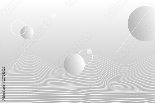 The image features abstract waves of white lines on a gradient gray background, with floating spheres and circles creating a modern, minimalistic composition.