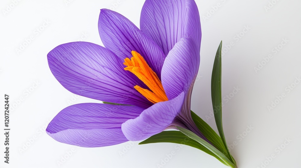 Fototapeta premium Purple flower with an orange center. The flower is the main focus of the image. The flower is in full bloom and is surrounded by green leaves. The image has a serene and calming mood