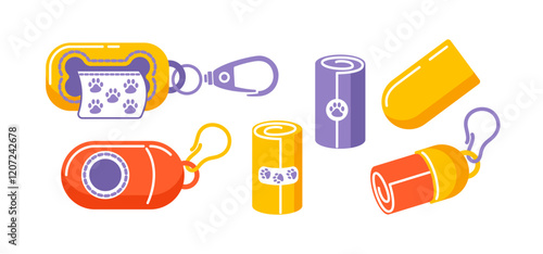 Set of dog waste bags with a holder. Packaged for easy disposal of dog poop. Features a playful, design in a flat illustration. Ideal for pet owners seeking convenience and cleanliness.