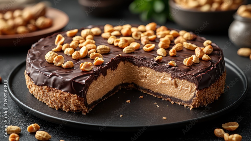 Chocolate Peanut Butter Pie Sliced on Dark Plate Chocolate Peanut Butter Pie Sliced on Dark Plate