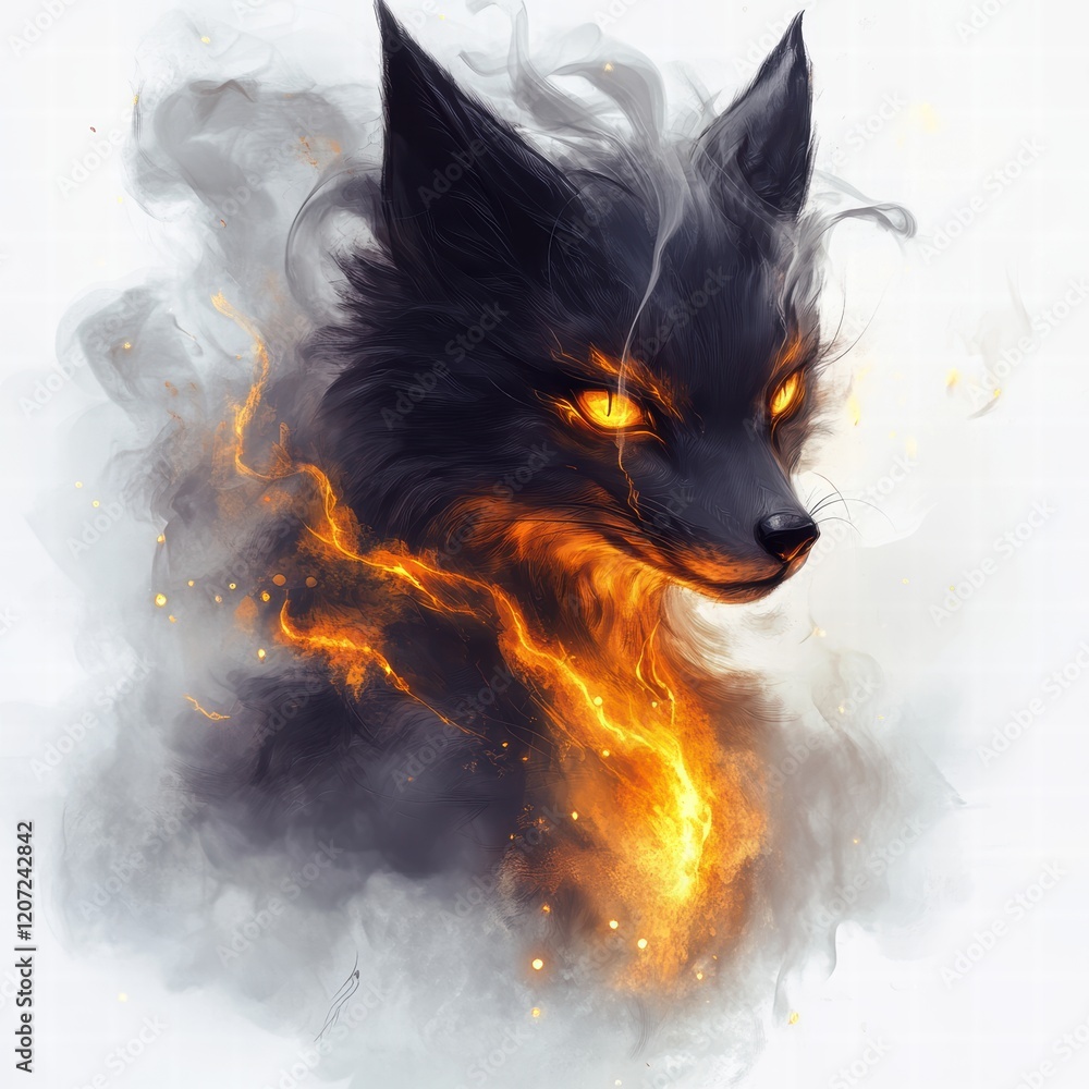 Naklejka premium Mystical Kitsune Encounter Enchanted Forest Digital Art Ethereal Environment Close-up View Golden Eyes and Smoke