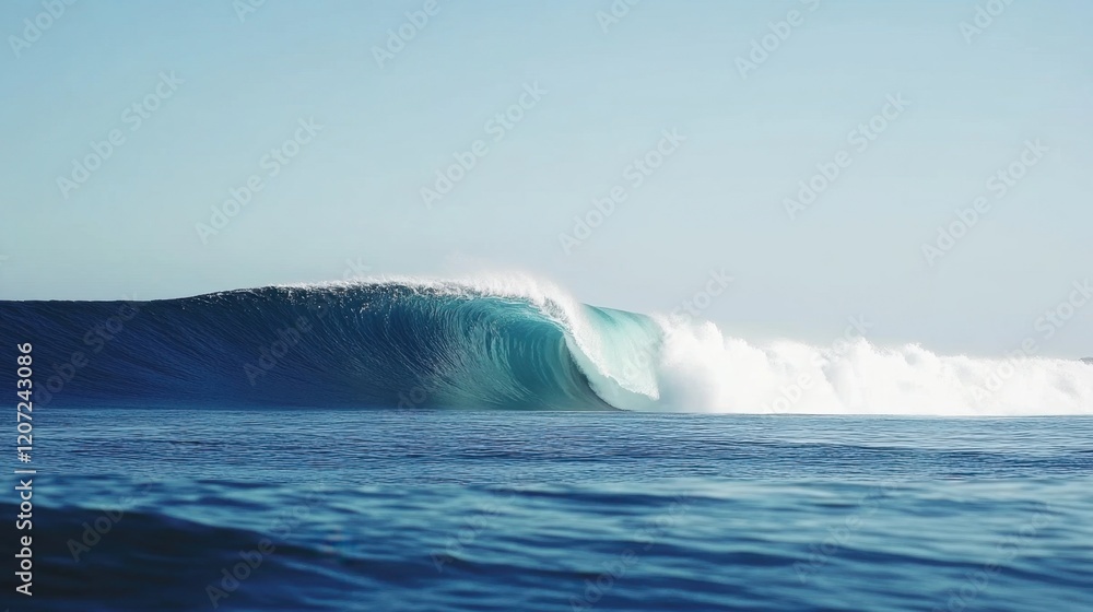 Majestic wave rolls towards shore beneath a clear blue sky, showcasing vibrant colors and dramatic white foam Majestic wave rolls towards shore beneath a clear blue sky, showcasing vibrant colors and dramatic white foam