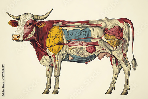 Anatomical illustration of a cow showcasing internal organs and muscle structure, educational use