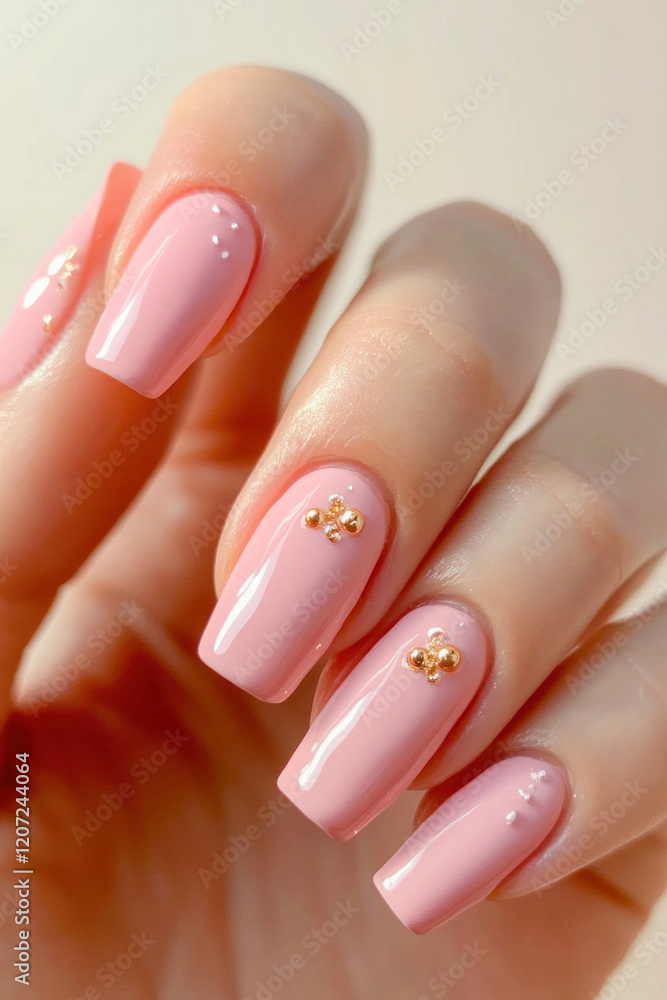 Woman showing stylish pink manicure with golden decoration