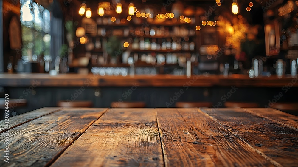 Cozy and rustic country style bar or pub interior backdrop featuring a wooden table board in the foreground with blurred lighting and decor elements creating a warm and inviting atmosphere Cozy and rustic country style bar or pub interior backdrop featuring a wooden table board in the foreground with blurred lighting and decor elements creating a warm and inviting atmosphere