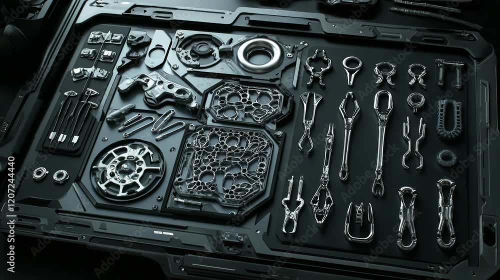 Dark Grey Metallic Tools and Parts Organized on a Futuristic Panel Dark Grey Metallic Tools and Parts Organized on a Futuristic Panel