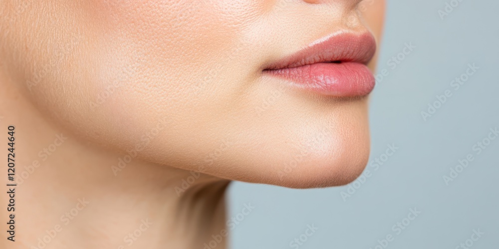 Obraz premium A serene close-up of a middle-aged woman's face, showcasing smooth skin and soft lips against a gentle gradient backdrop.