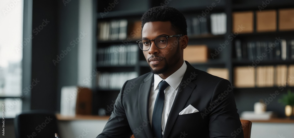 Fototapeta premium A confident Black professional in a modern office, typing legal documents and researching law procedures for a startup’s corporate case